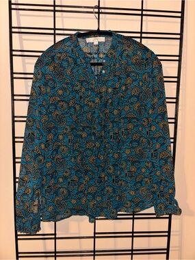 LOFT Teal & Black Floral Button-Up Blouse
